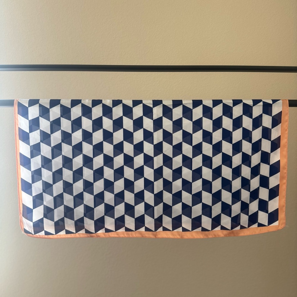 Silk Like Square Scarf l Navy blue & White checkered print with a peachy border